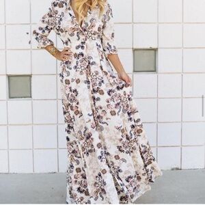 Altard State Elegant Floral 3/4 Sleeve Maxi Dress Button Front with Pockets S